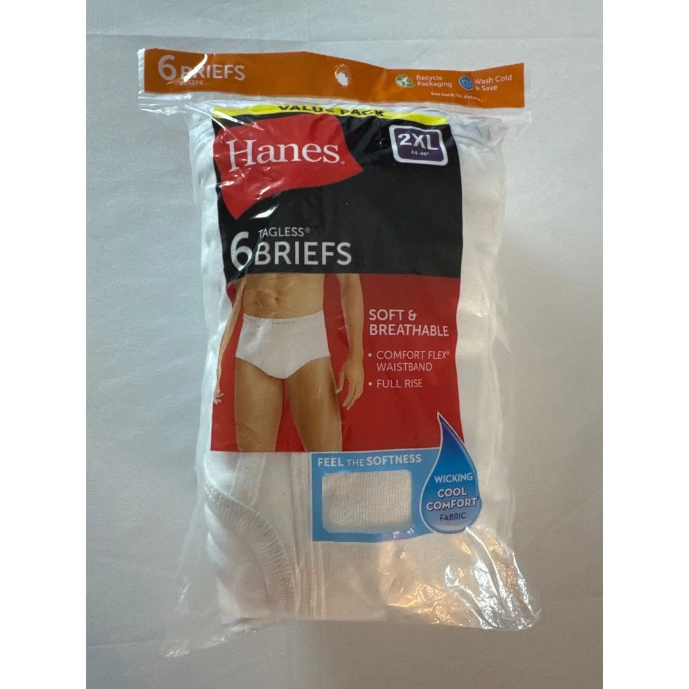 Hanes Mens Tagless Briefs 6-Pack White 2XL 44-46 Cotton Cool Comfort 2252P6